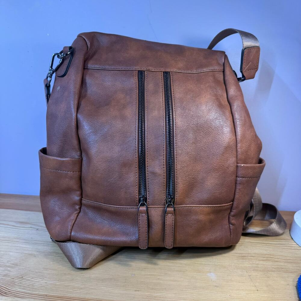 Brown Faux Leather Convertible Backpack Shoulder Bag Multi Pocket